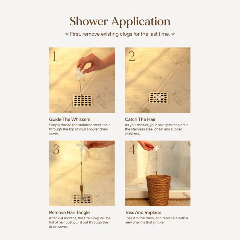 DrainWig â€‹DrainWig Shower Drain Hair Catcher â€“ Disposable Silver Flower (4-Pack) â€“ No-Touch Hair Removal for Flat Shower Drains â€“ As Seen on Shark Tank - Image 4